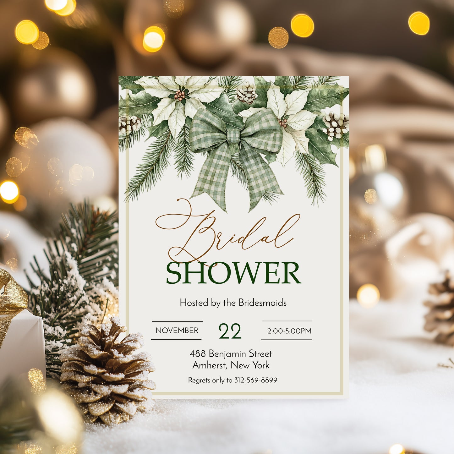 Winter Evergreen Bow and Flowers Bridal Shower Invitation