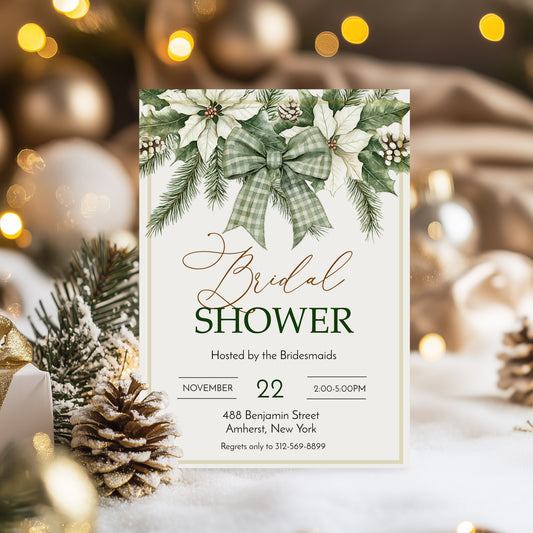Winter Evergreen Bow and Flowers Bridal Shower Invitation