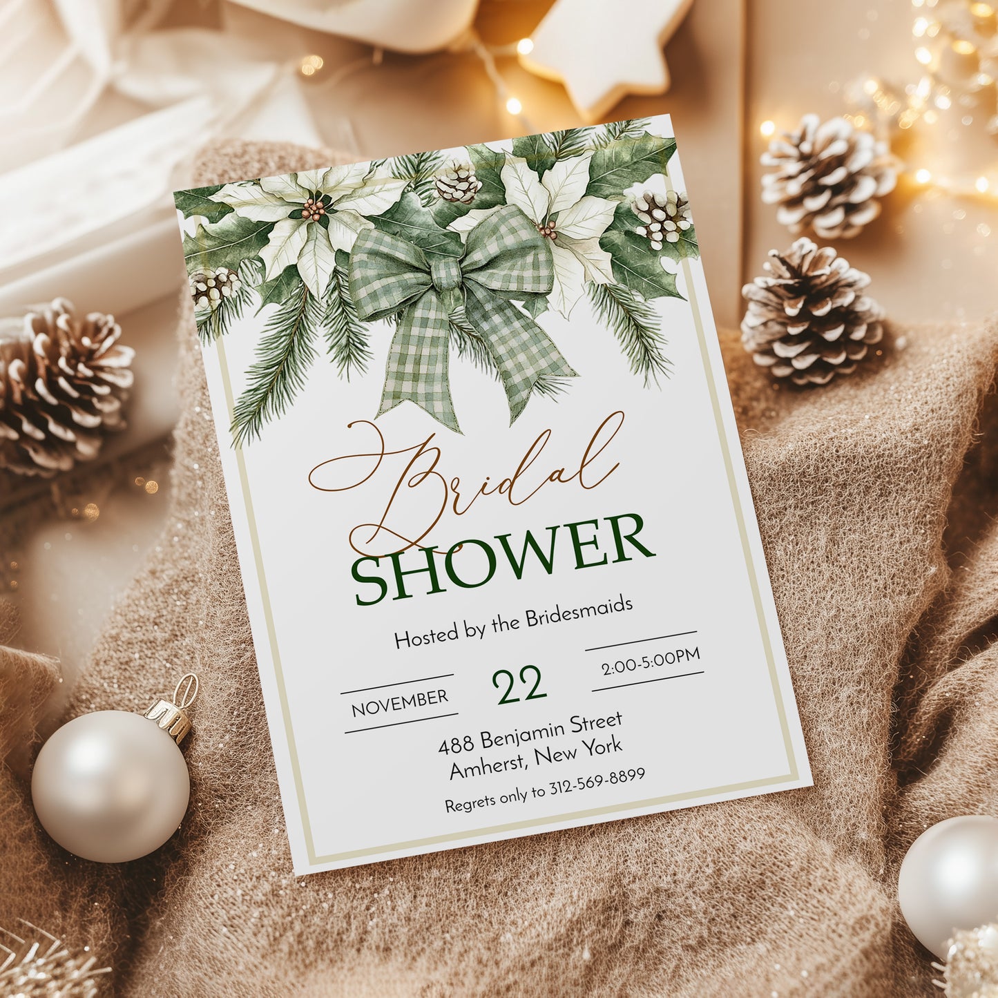 Winter Evergreen Bow and Flowers Bridal Shower Invitation