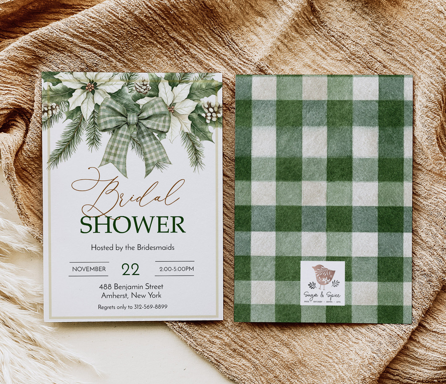 Winter Evergreen Bow and Flowers Bridal Shower Invitation