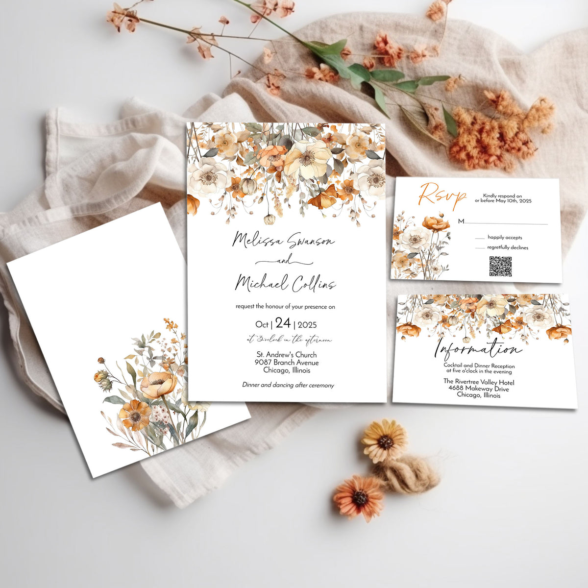 Fall Wildflower Floral Wedding Invitation Suite