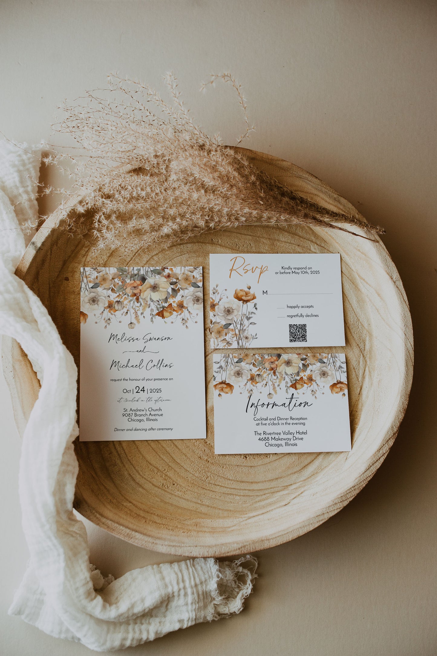 Fall Wildflower Floral Wedding Invitation Suite