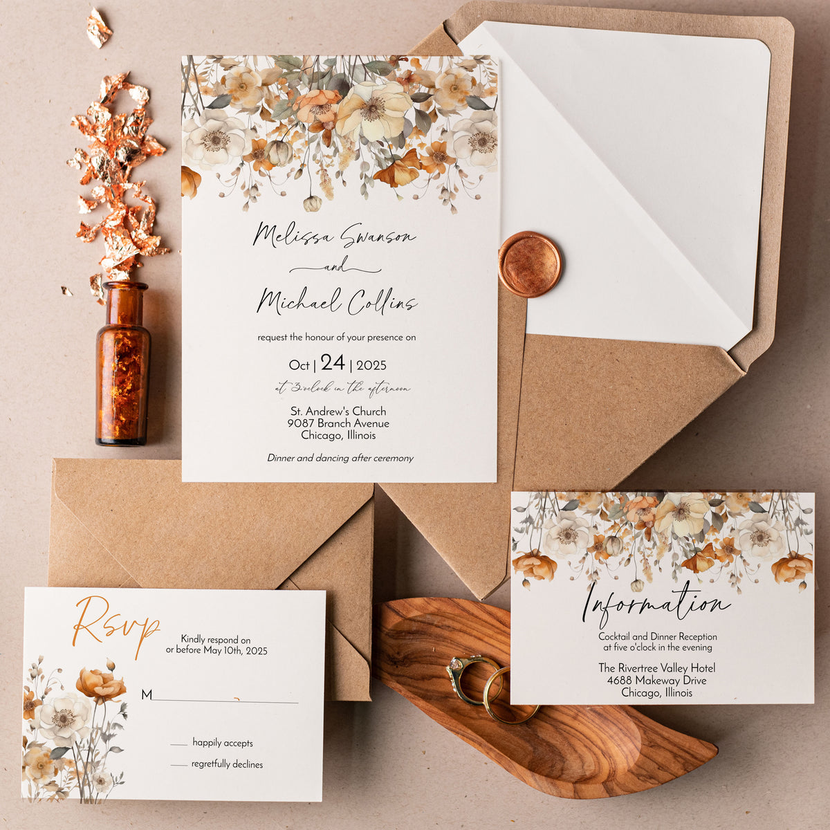 Fall Wildflower Floral Wedding Invitation Suite