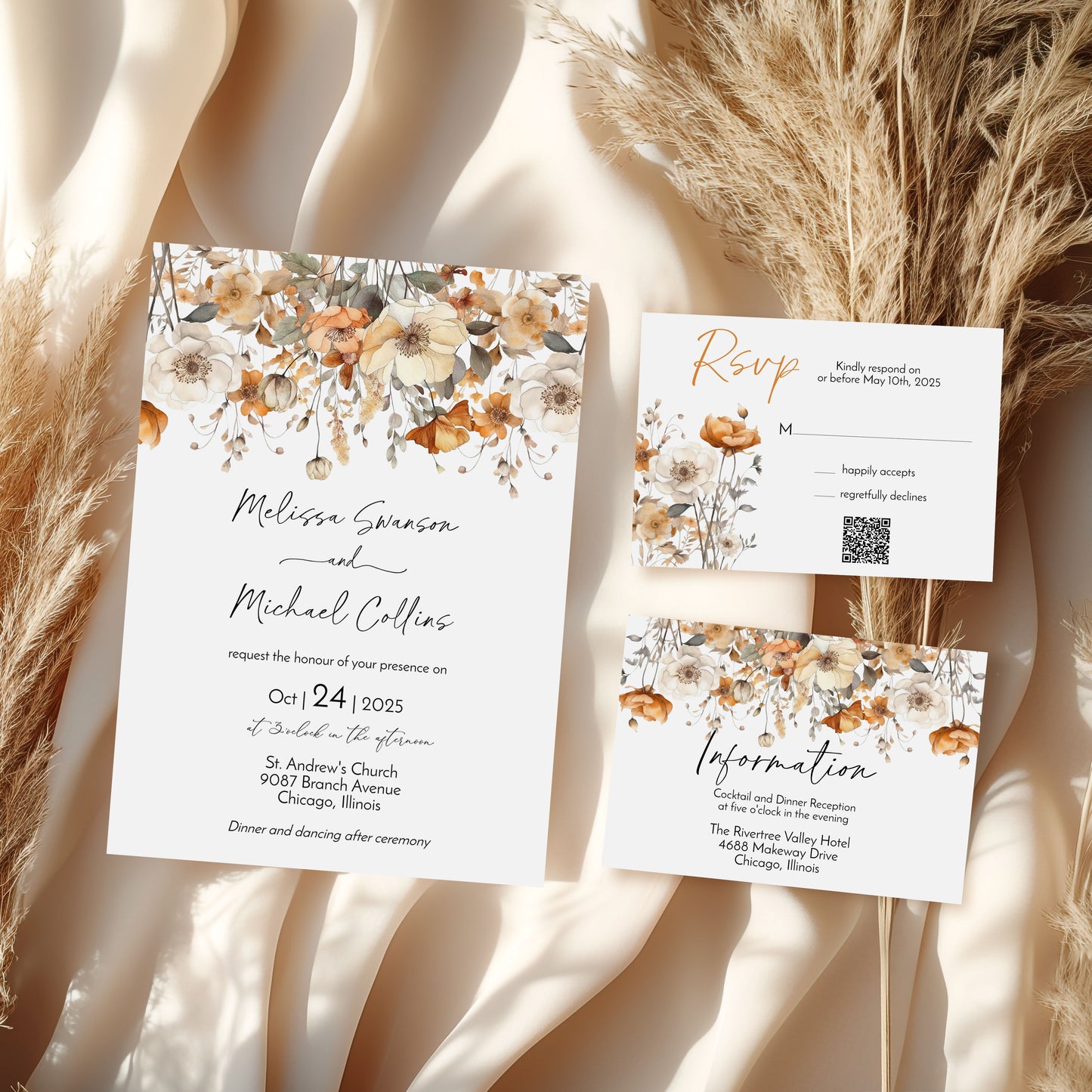 Fall Wildflower Floral Wedding Invitation Suite