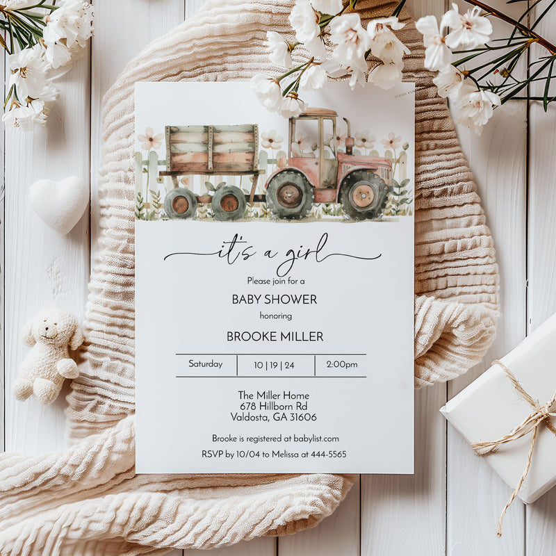 Pink Tractor Farm Baby Shower Invitation