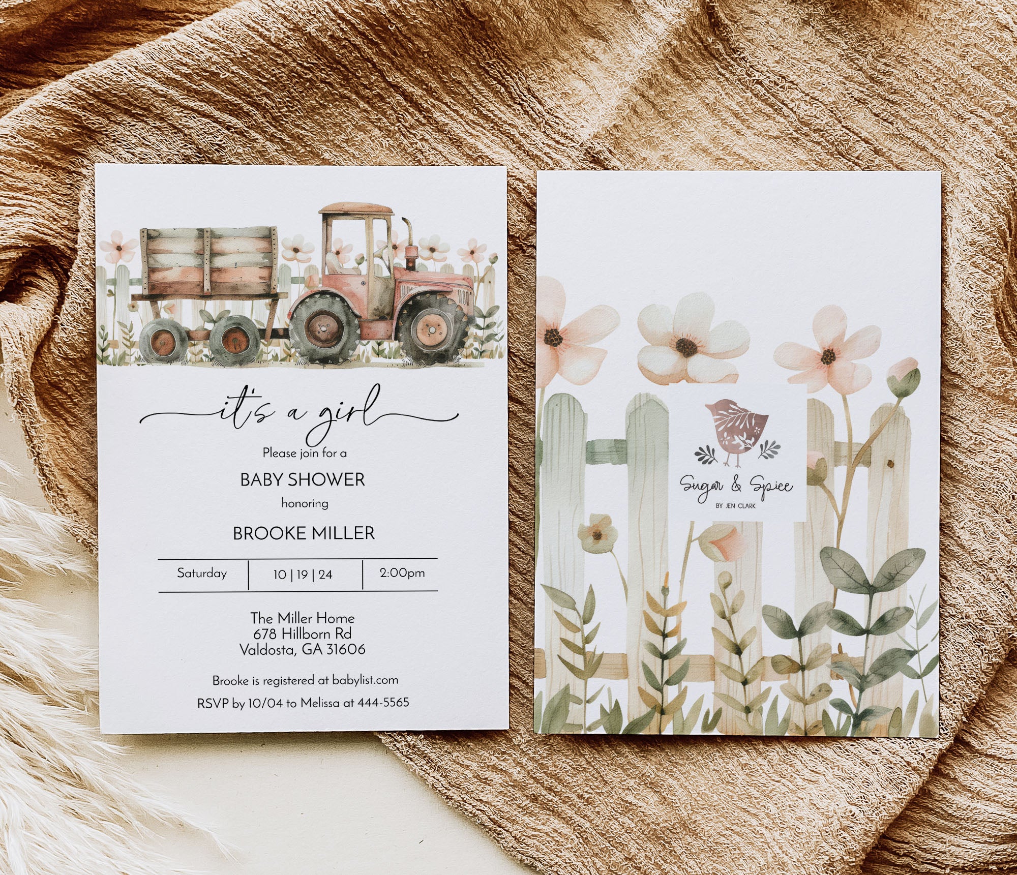 Pink Tractor Farm Baby Shower Invitation