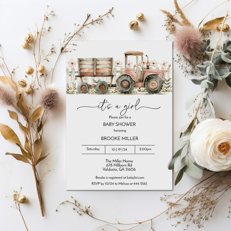 Pink Tractor Farm Baby Shower Invitation