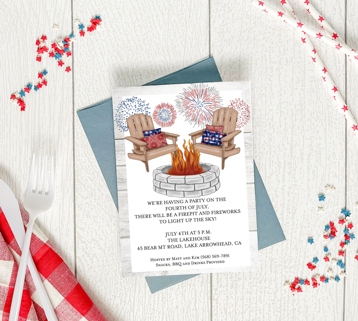 Firepit and Fireworks Fourth of July Invitation