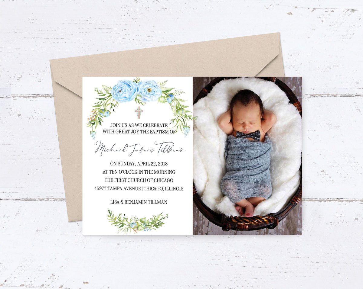 Floral Boy Baptism Christening Photo Invitation