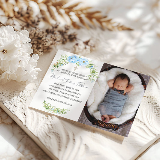 Floral Boy Baptism Christening Photo Invitation