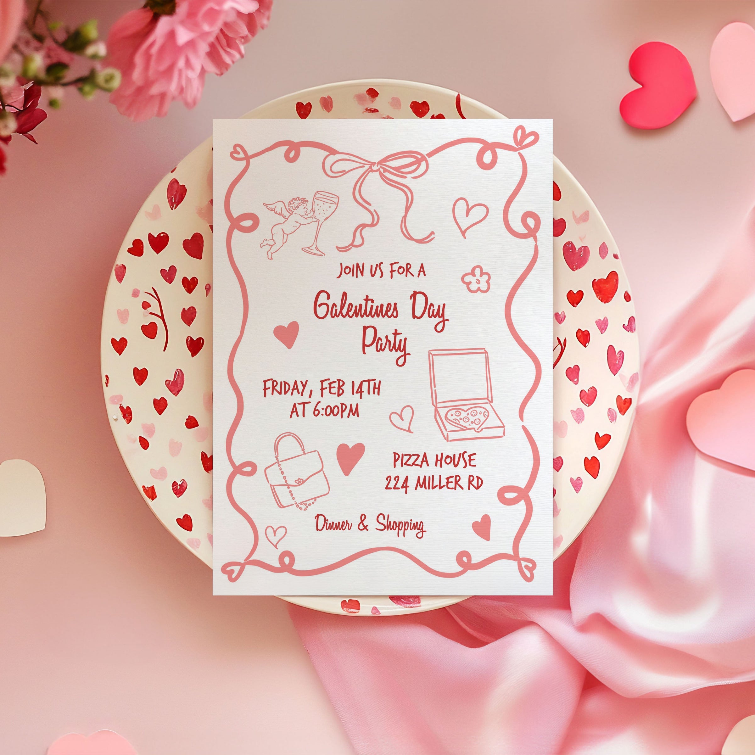 Galentine's Day Party Hand Drawn Invitation