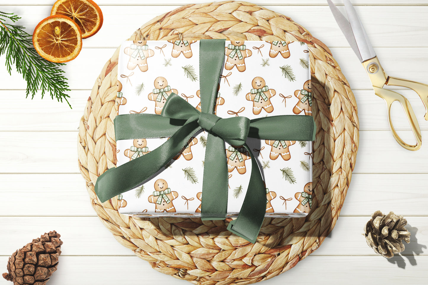 Ginger Breadmen Greenery Wrapping Paper Roll