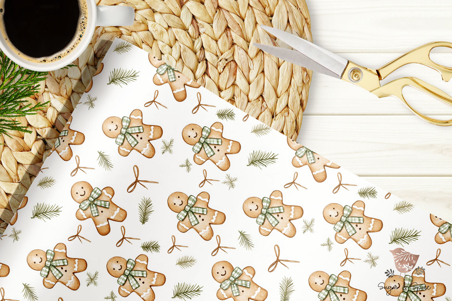 Ginger Breadmen Greenery Wrapping Paper Roll