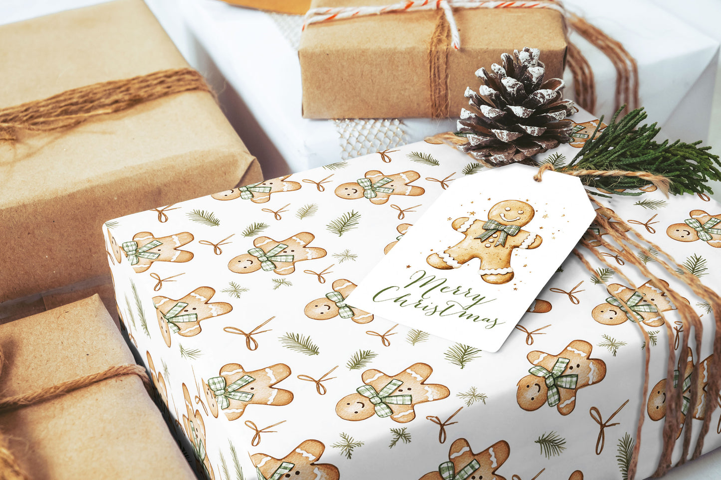 Ginger Breadmen Greenery Wrapping Paper Roll