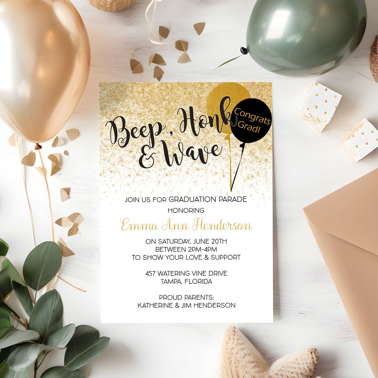 Honk, Beep and Wave Black and Gold Graduation Invitation