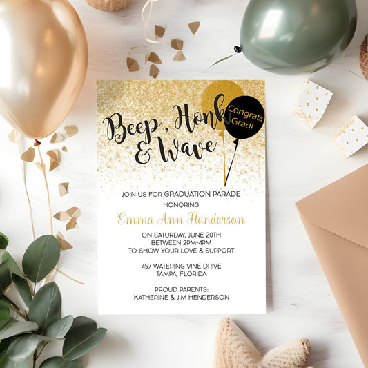 Honk, Beep and Wave Black and Gold Graduation Invitation