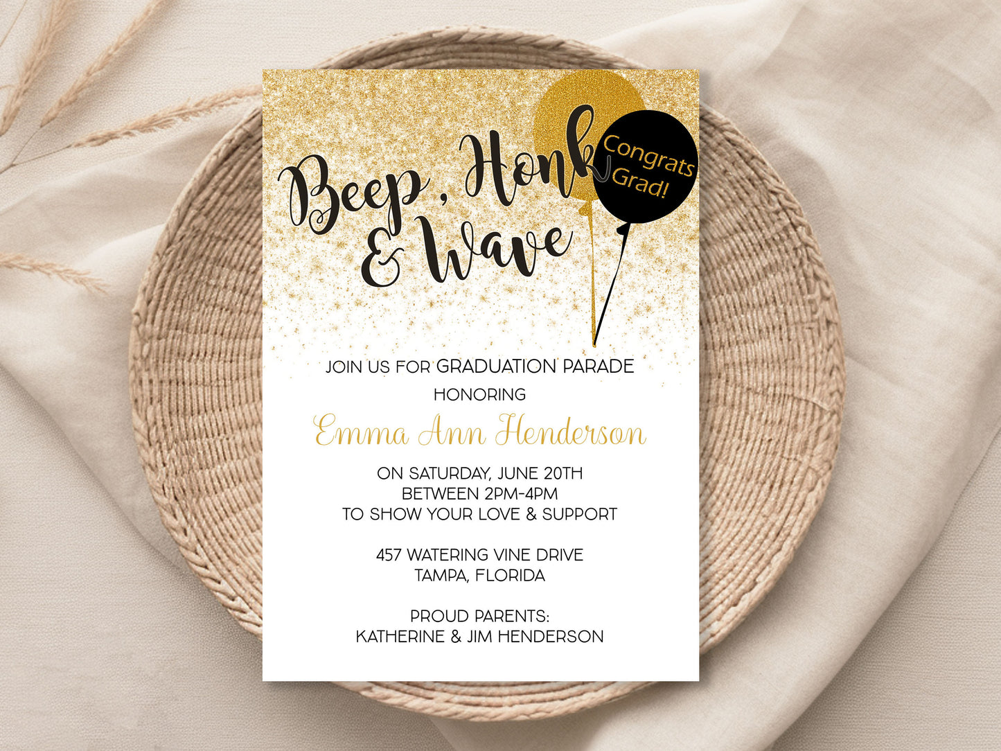 Honk, Beep and Wave Black and Gold Graduation Invitation
