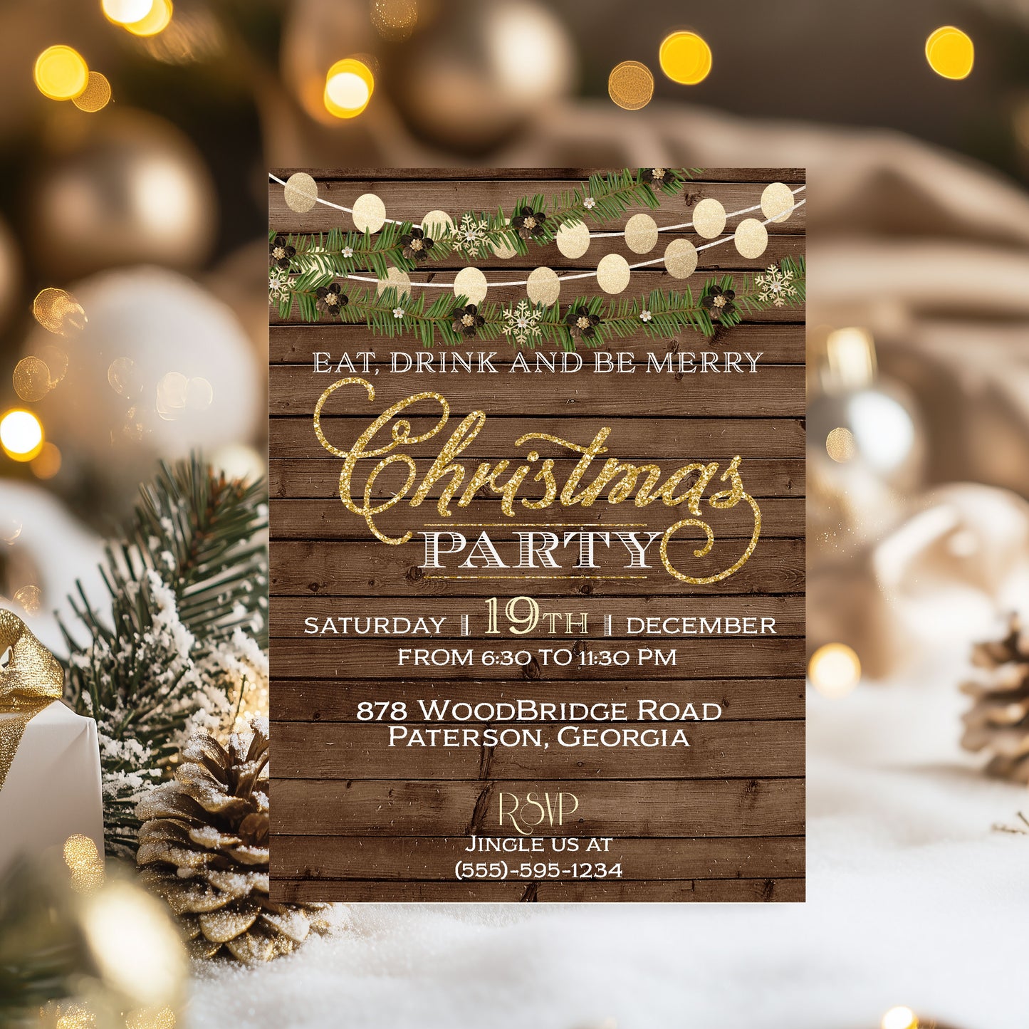 Rustic Gold and Evergreen Christmas Party Invitation
