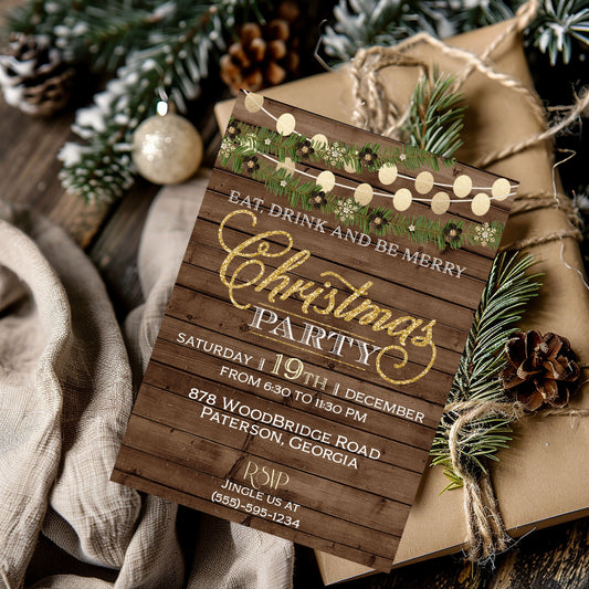 Rustic Gold and Evergreen Christmas Party Invitation