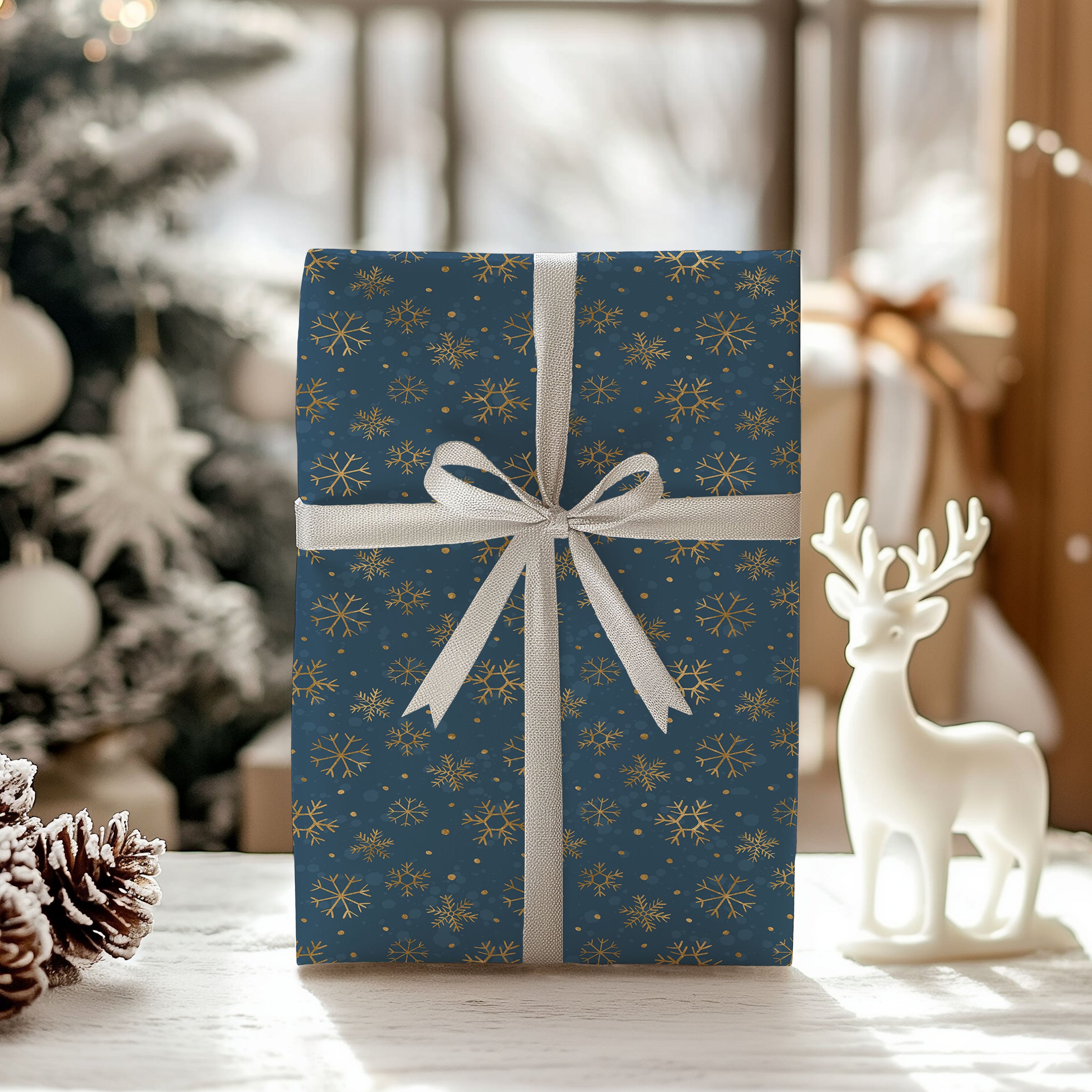 Gold Snowflak Blue Wrapping Paper