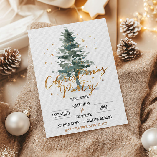 Gold Watercolor Tree Christmas Invitation