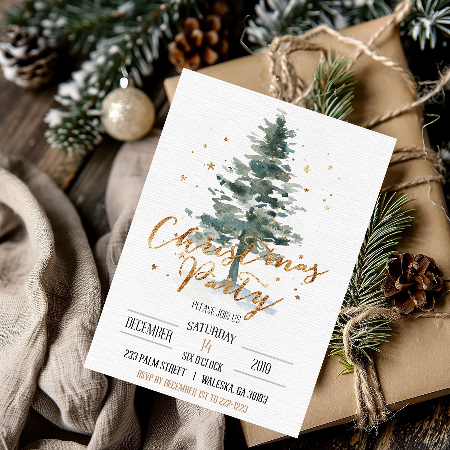 Gold Watercolor Tree Christmas Invitation