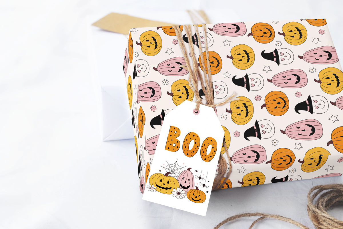 Pink Halloween Pumpkins Witch Hat Wrapping Paper