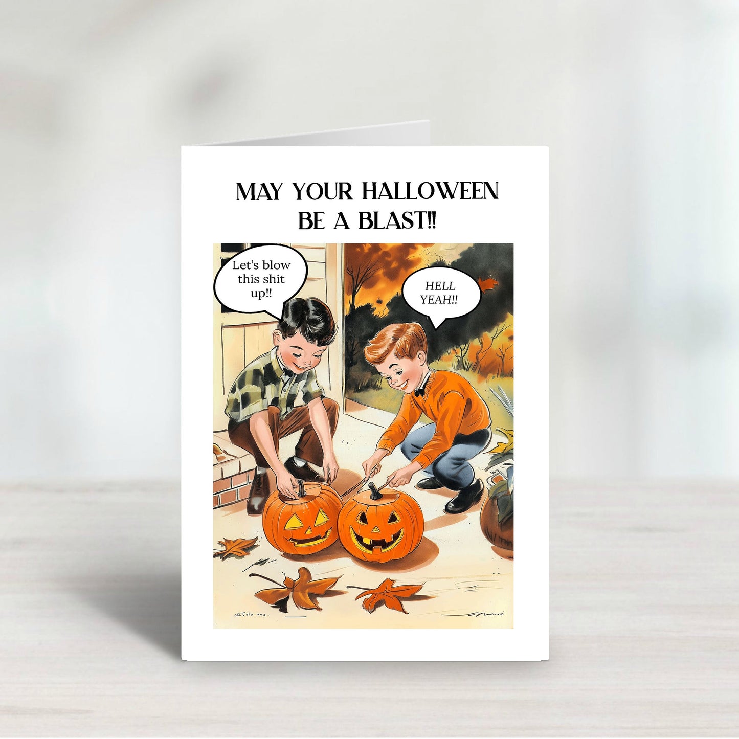 Halloween Kids Blowing Up Pumpkins Humor Greeting Card