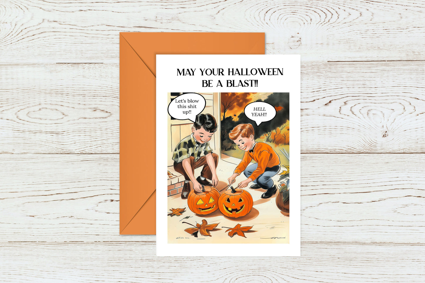 Halloween Kids Blowing Up Pumpkins Humor Greeting Card