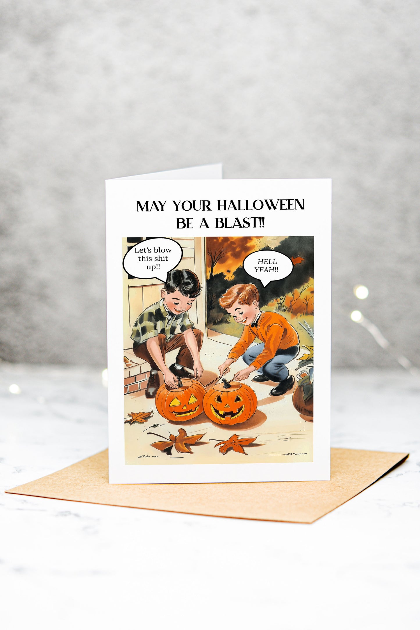 Halloween Kids Blowing Up Pumpkins Humor Greeting Card