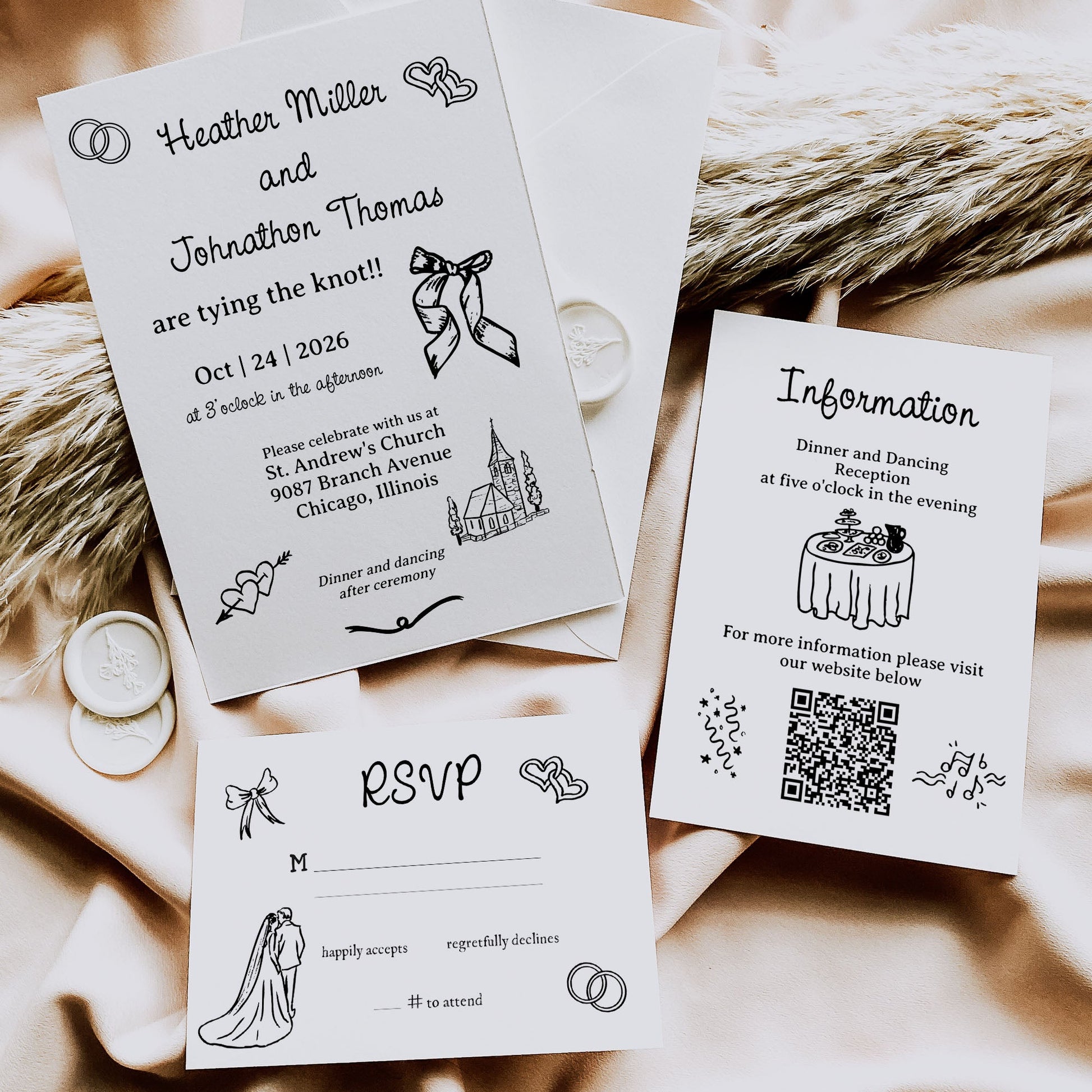 Set of wedding invitation cards with RSVP card and QR code on a textured beige background