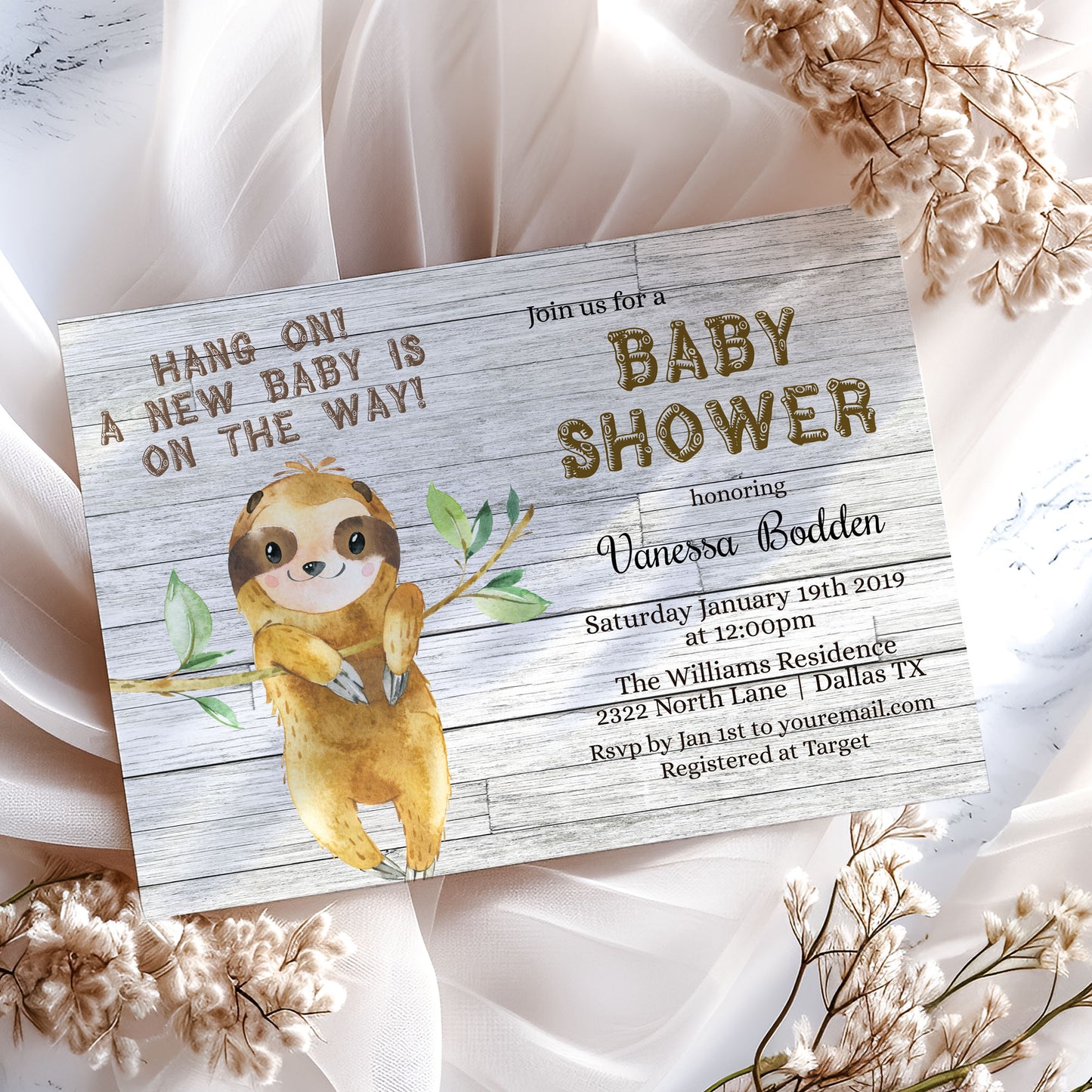 Hang On Woodland Sloth Baby Shower Invitation