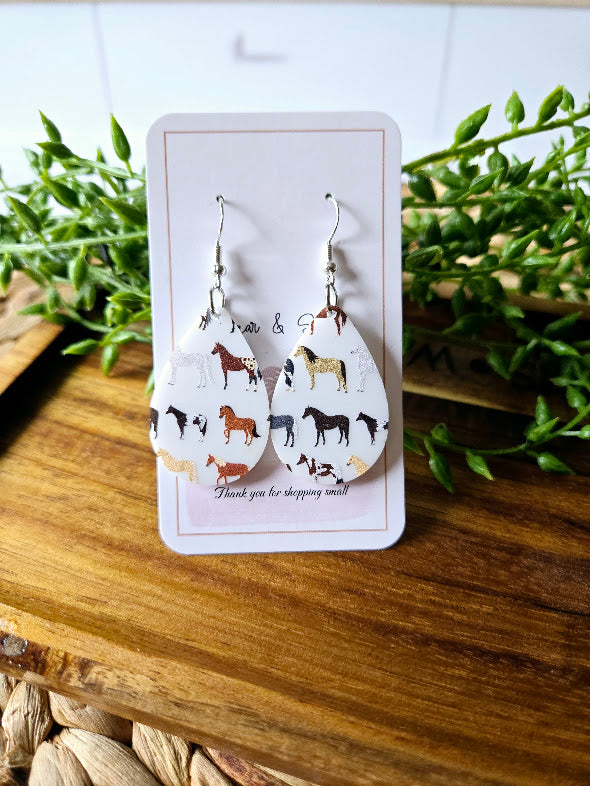 horse earrings, teardrop, handmade, custom, drop earrings, for her, farm earrings, cute earrings, affordable, 