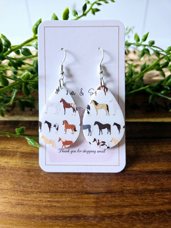 Horse Lover Teardrop White Acrylic Earrings