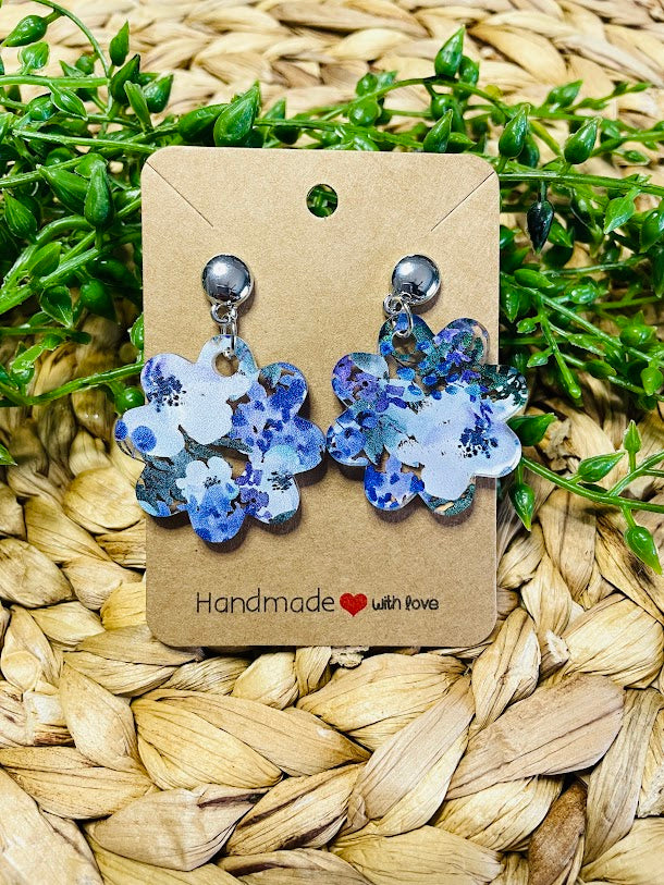 Blue Flower Acrylic Silver Earrings