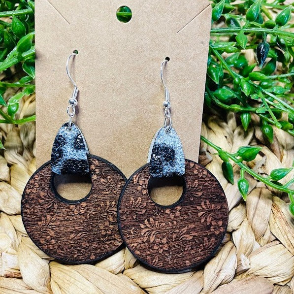 Damask Wood Circle with Glitter Leather Earrings