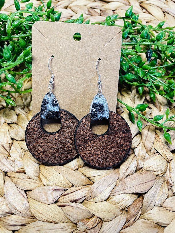 Damask Wood Circle with Glitter Leather Earrings