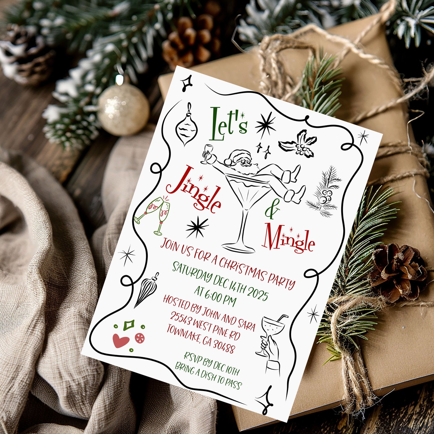 Jingle and Mingle Santa Cocktail Party Christmas Invitation