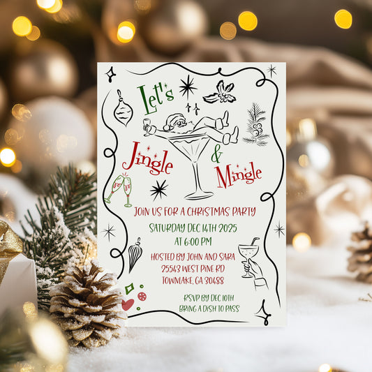 Jingle and Mingle Santa Cocktail Party Christmas Invitation