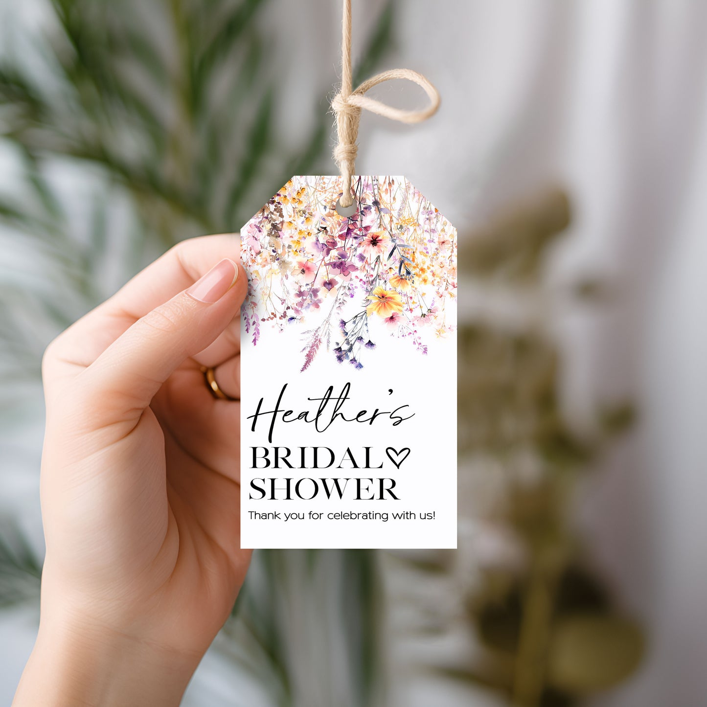 Purple Wild Flower Bridal Shower Heart Gift Tag