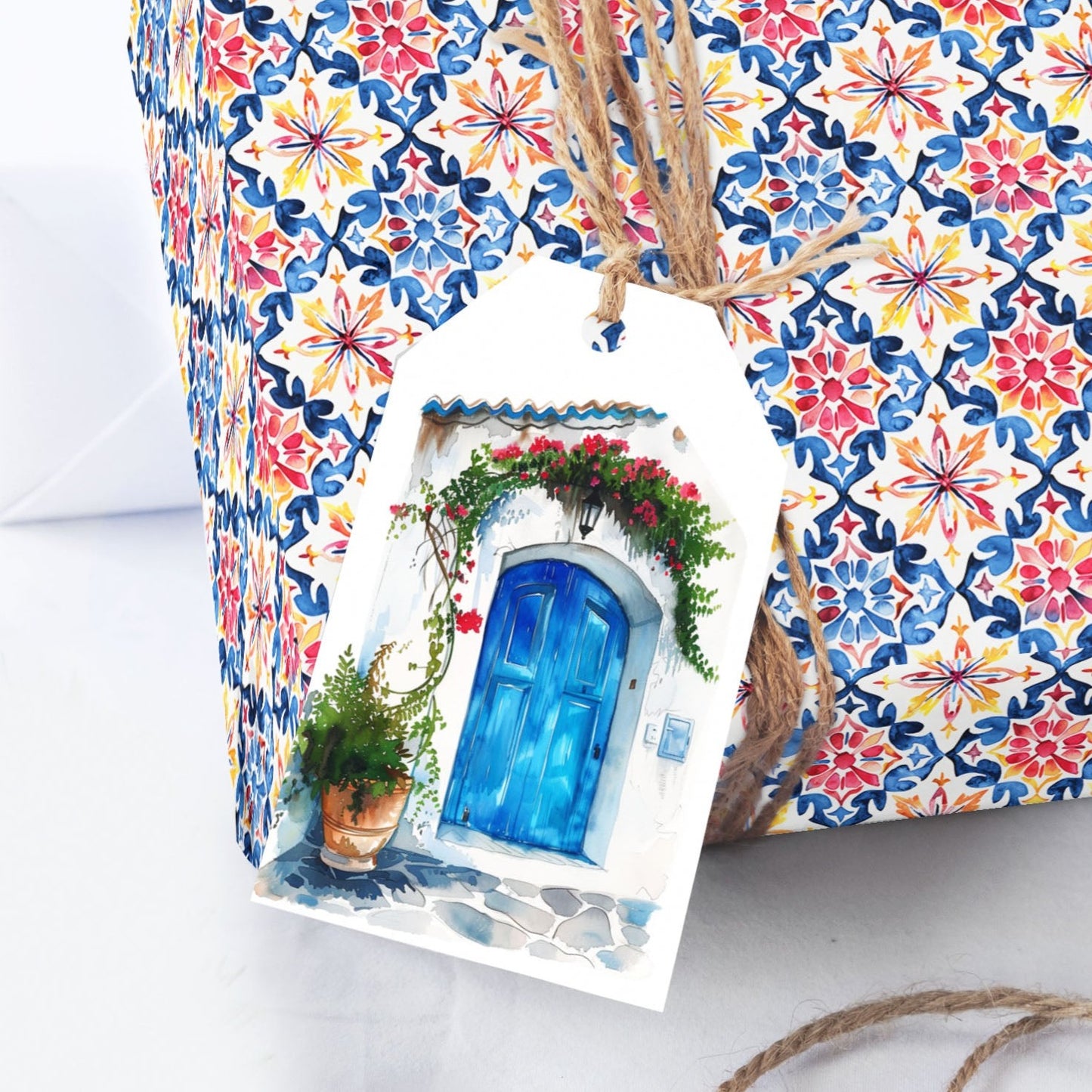 Mediterranean Watercolor Blue Door Gift Tag