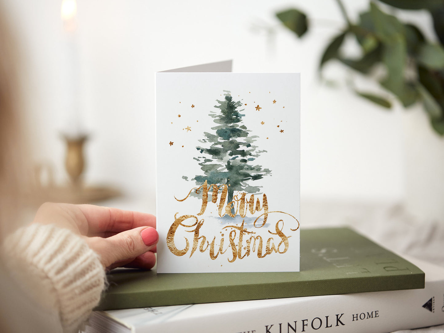 Watercolor Christmas Tree with Gold Font Greeting Card