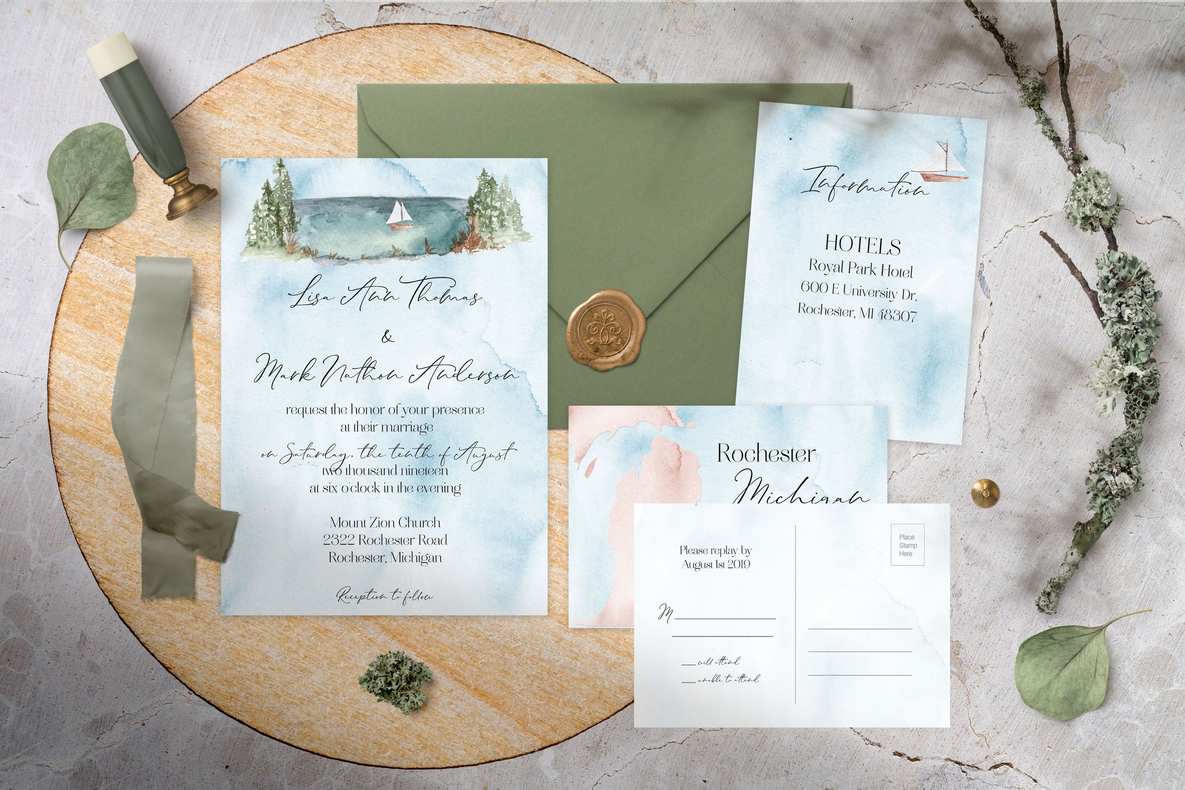 Michigan Watercolor Lake Wedding Invitation Suite