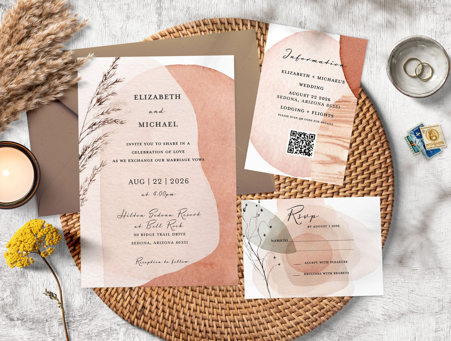 Modern Boho Watercolor Wedding Invitation Suit