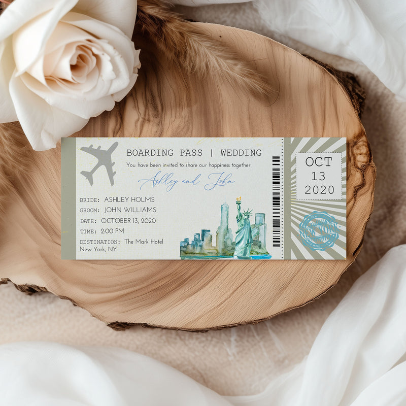 New York Boarding Pass Ticket Wedding Invitation