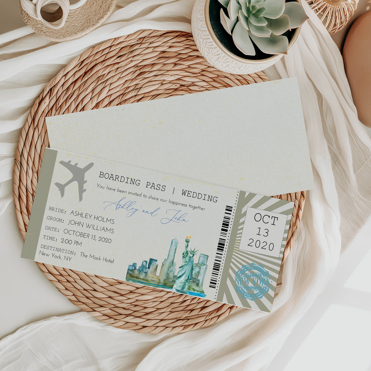 New York Boarding Pass Ticket Wedding Invitation