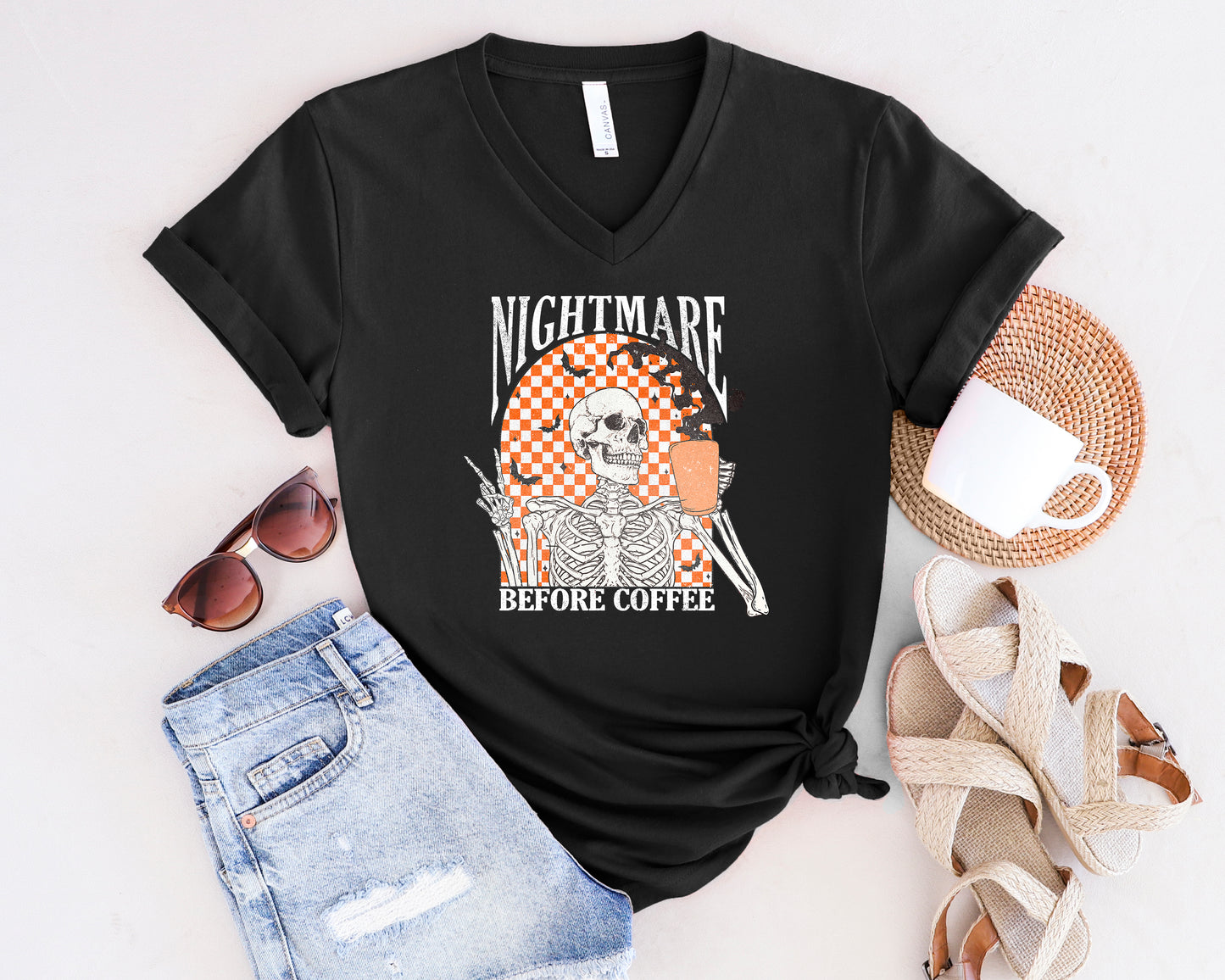 Nightmare Before Coffee Skeleton V-Neck Tee, Unisex Halloween Shirt, Gift for Coffee Lovers, Spooky Fashion
