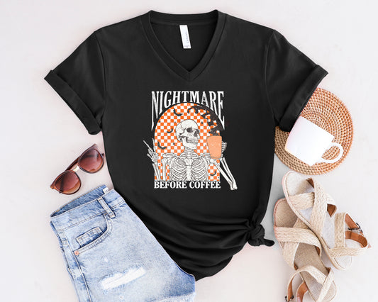 Nightmare Before Coffee Skeleton V-Neck Tee, Unisex Halloween Shirt, Gift for Coffee Lovers, Spooky Fashion