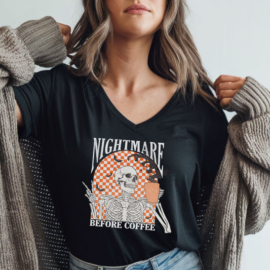 Nightmare Before Coffee Skeleton V-Neck Tee