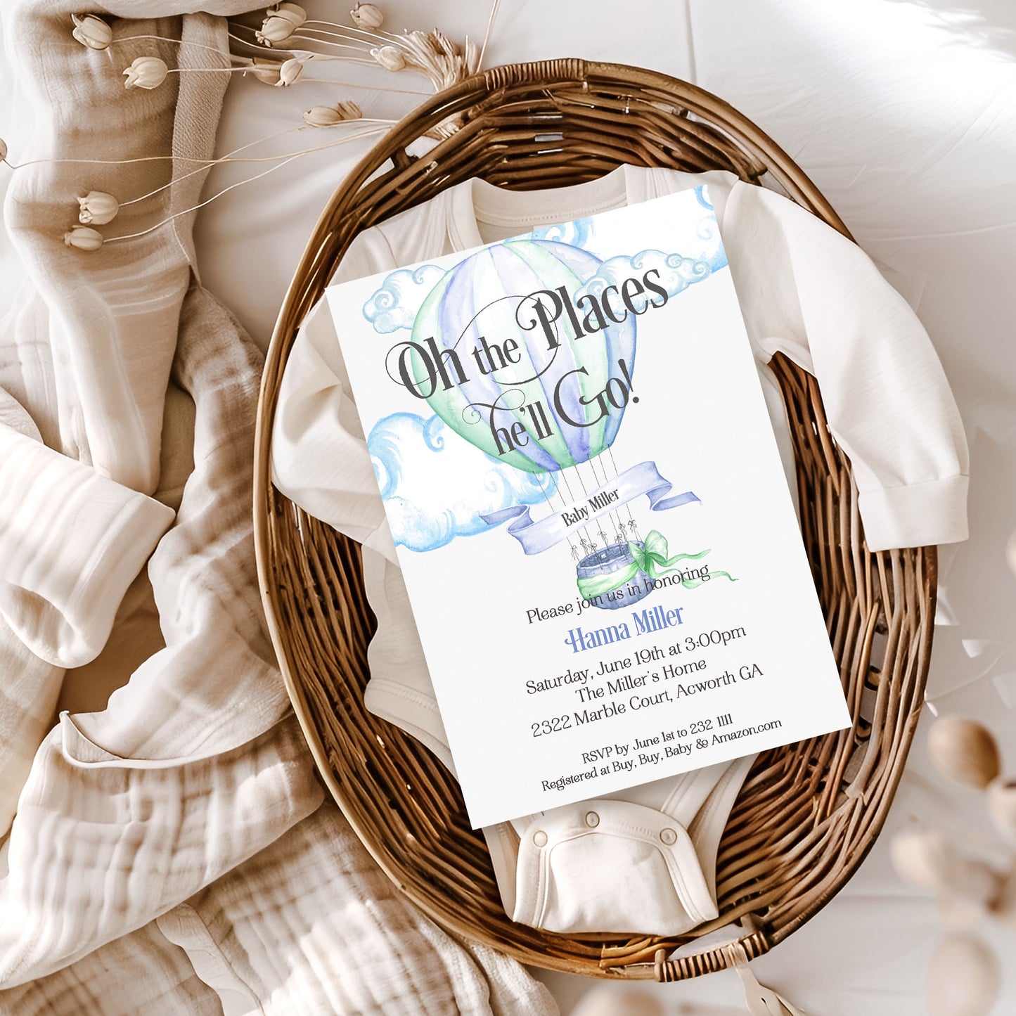 Hot Air Balloon Blue Baby Shower Invitation